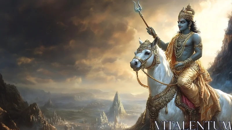 Mythological warrior on white horse in ornate mountain landscape.