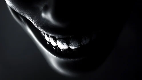 Sinister metallic smile emerging from stark darkness.