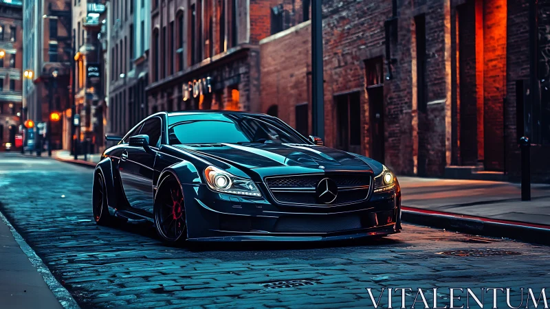 Midnight Mercedes prowls neon-washed cobblestone streets.