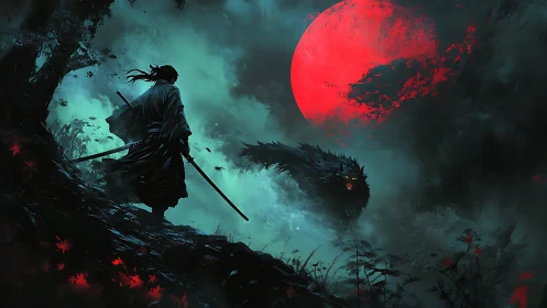 Samurai faces glowing-eyed wolf under large red moon