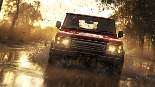 Red off road SUV powers through muddy water at high speed