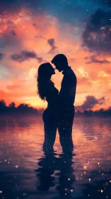 Silhouetted Embrace at Golden Sunset Over Water.