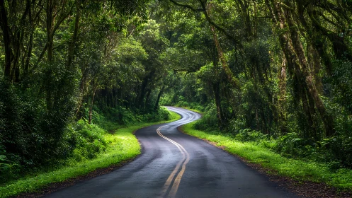Serpentine asphalt road threading through dense temperate forest canopy with bilateral tree coverage