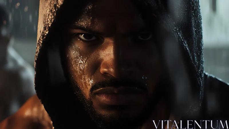 Hooded figure with moisture-covered facial features under dramatic chiaroscuro lighting