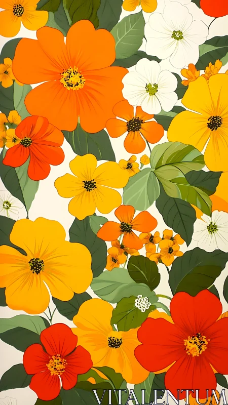 Botanical illustration with orange, yellow, red and white blooms layered densely