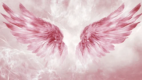 Blush-tinted angel wings bloom wide in a cloudy cosmos