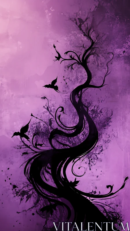 Twisted black tree silhouettes rise against violet skies.