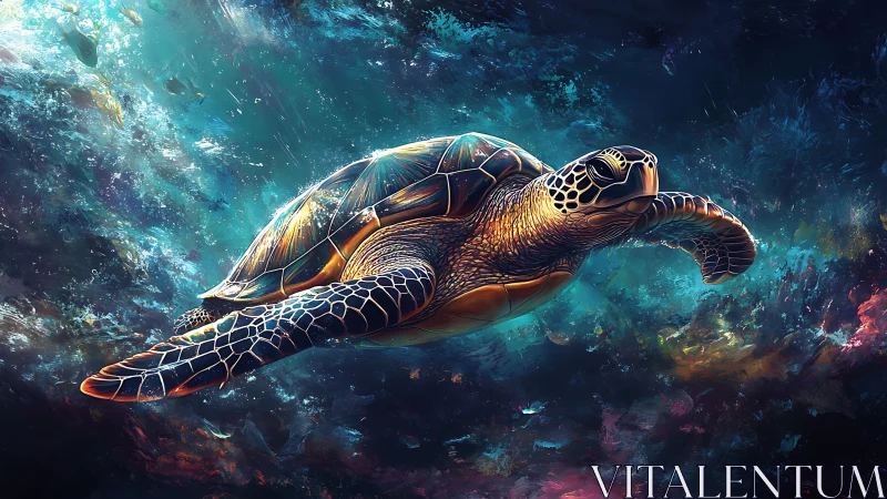 Luminous Sea Turtle in Nebular Ocean Digital Painting.
