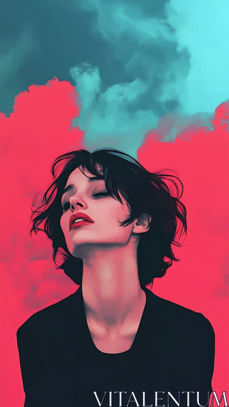 Dreamy portrait in bold pink and teal sky glow.