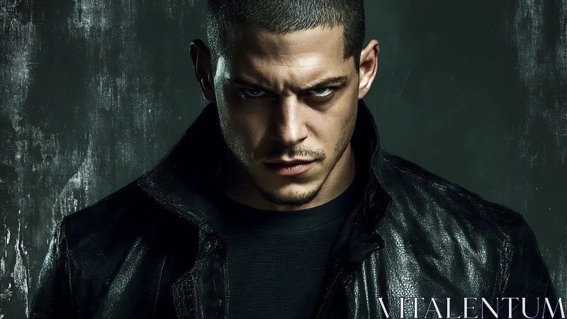 Intense man stares forward wearing black leather jacket