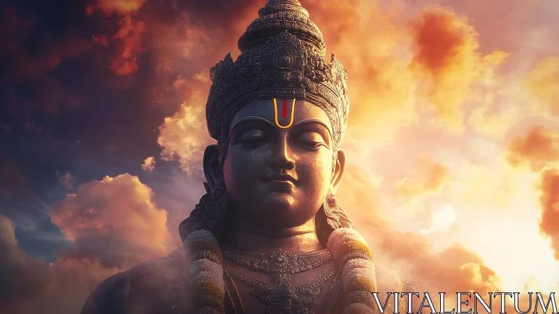 Sunlit deity statue resting calmly in glowing clouds.