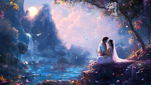 Couple in Fantasy Landscape with Glowing Moon and Waterfalls