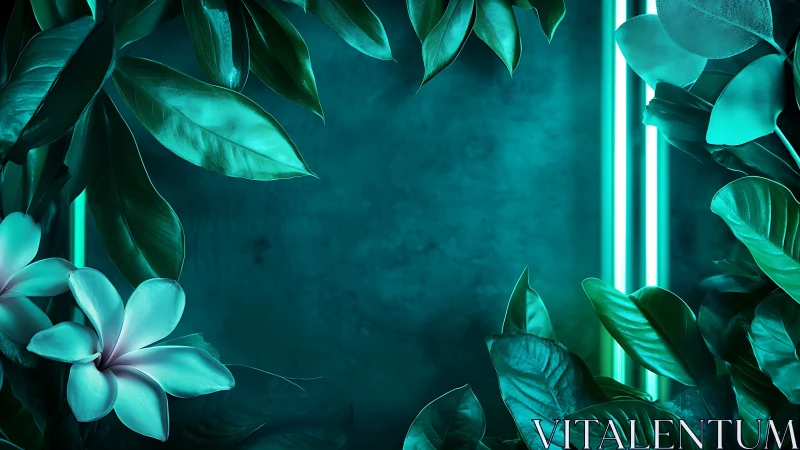 Neon jungle frame with glowing teal foliage and flowers.