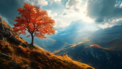 Backlit autumn tree anchors high-altitude valley under volumetric light