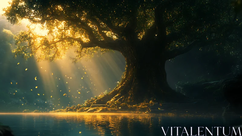 Golden forest tree glowing softly beside a tranquil river.