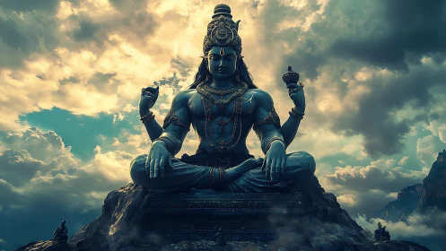 Colossal meditative deity rendered in atmospheric digital chiaroscuro.
