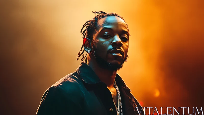 Warm stage glow around a confident musician in the spotlight.