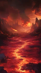 Infernal Lava Canyon: Molten River Through Jagged Volcanic Terrain