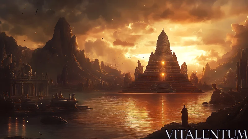 Temple pyramid with colossal deity face dominates sunset lake