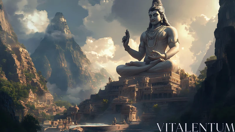 Colossal mountain deity overlooks serene temple cityscape.