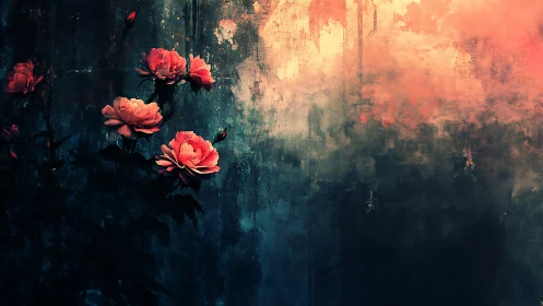 Coral Roses Against Weathered Dark Wall.
