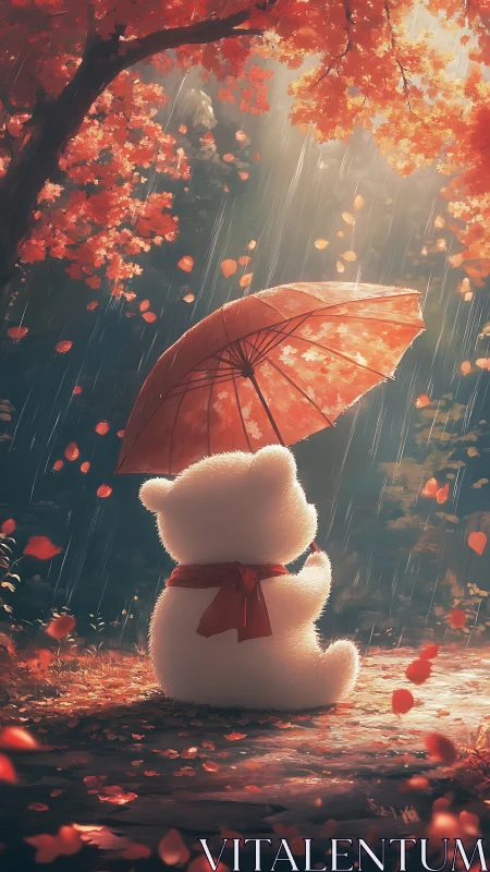 White teddy bear under red umbrella in autumn rain scene.