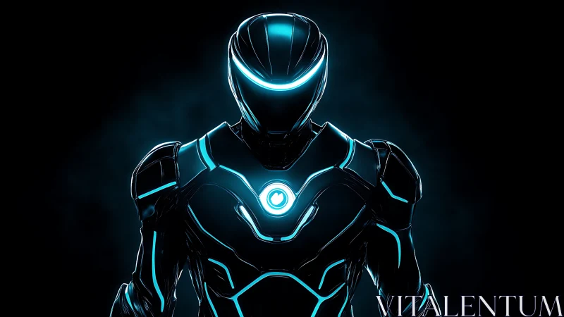 Neon-trimmed cybernetic suit with glowing visor silhouette.
