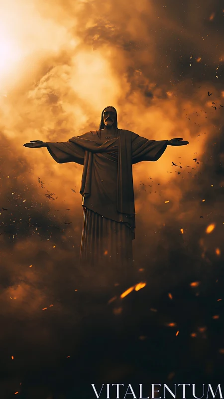 Christlike monument in apocalyptic ember-filled clouds.
