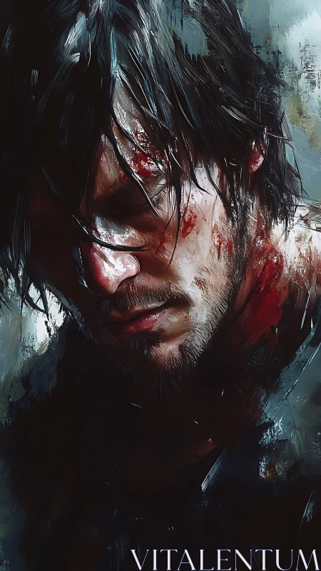 Wounded warrior bends under darkness and fractured light.