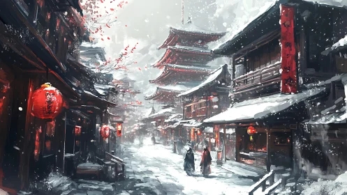 Snow-covered Japanese street scene contrasts red lantern glow