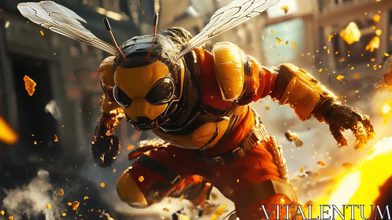 Insect-inspired armored figure in urban combat scene.