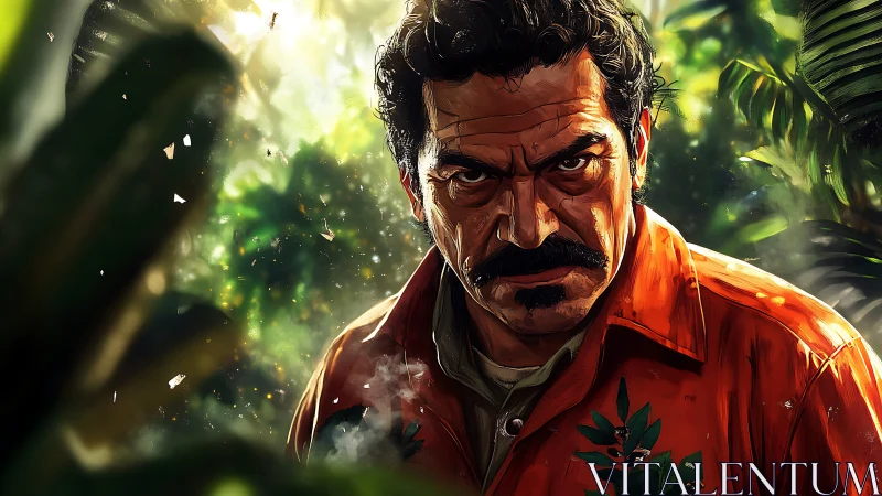 Intense jungle operative in high-contrast digital portrait.