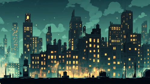 Midnight skyline glowing with teal haze and crowded towers.