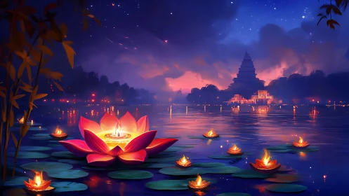 Luminous lotus flotilla on twilight temple lake panorama.