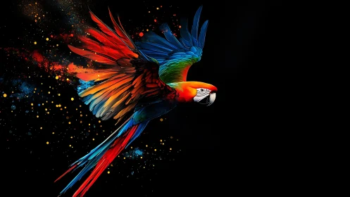 Vibrant Macaw in Flight, Digital Art Explosion on Black Background.