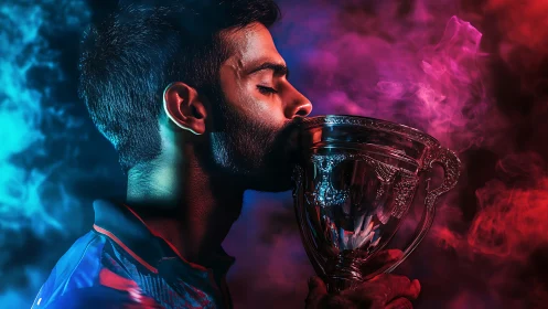 Triumphant athlete kisses silver trophy in neon smoke.