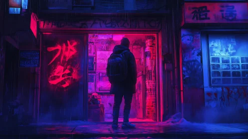 Lone figure in neon alleyway under magenta blue cyberpunk glow.