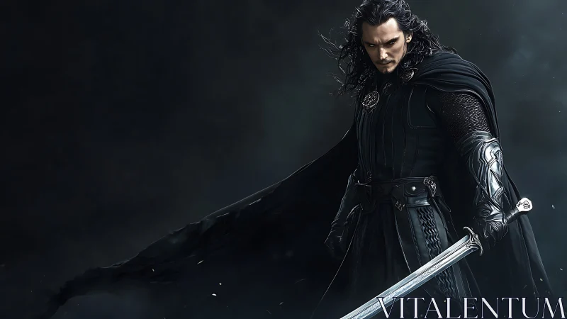Dark armored swordsman stands in a storm of shadowed resolve