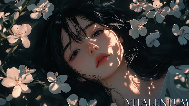 Soft sunlight kisses a serene girl resting among blossoms