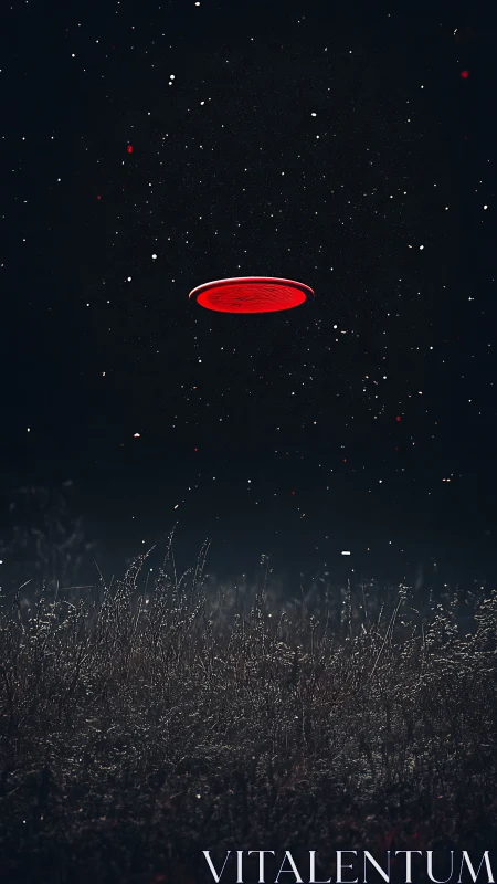 Crimson disc drifts over starlit field in quiet midnight hush.