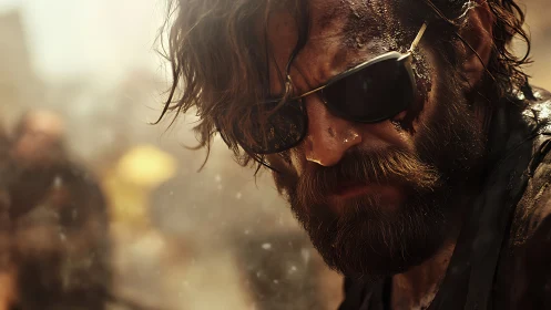 Bearded man in sunglasses stands bruised in dusty chaos.