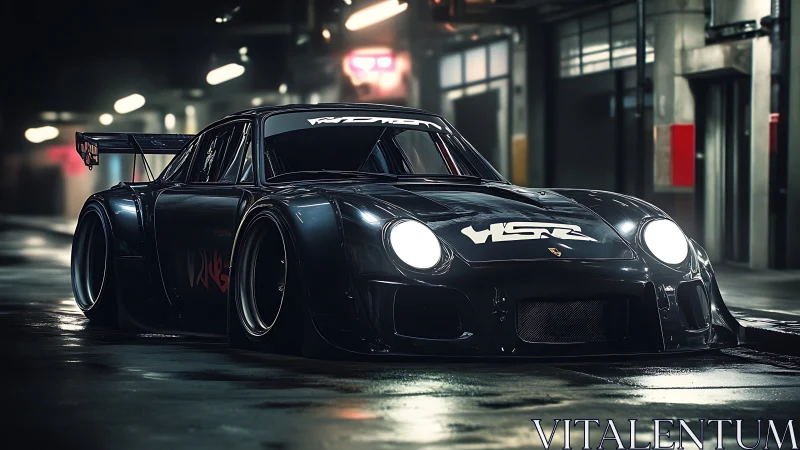 Widebody race car rendered in cinematic cyber-noir lighting