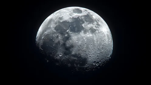 Lunar surface rendered with crisp crater topology and high contrast lighting