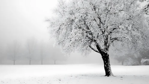 Solitary frost‑cloaked tree standing guard in silent snowfall.