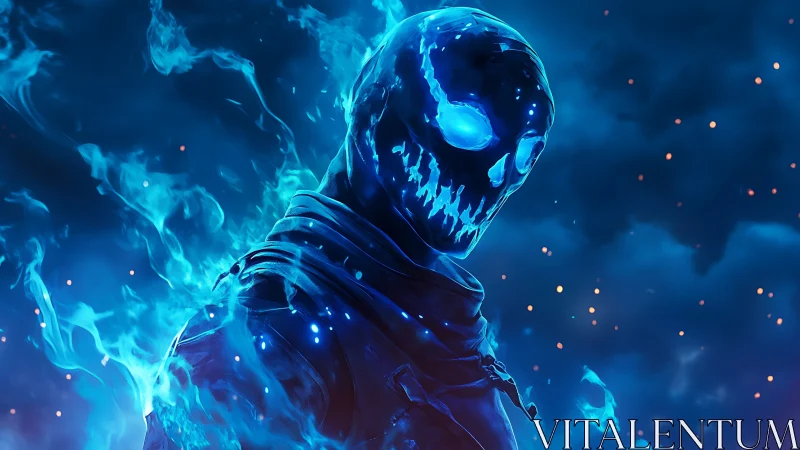 Spectral blue wraith engulfed in ethereal digital flames.