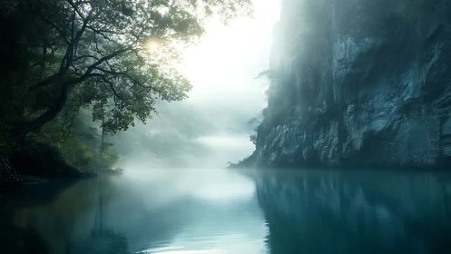 Mist-suffused karst gorge with specular still-water reflections.