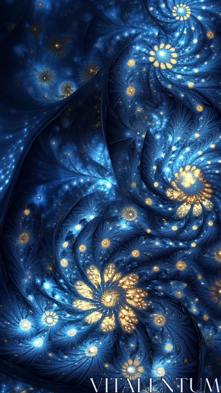 Galactic blue fractal blooms swirl in luminous spirals.