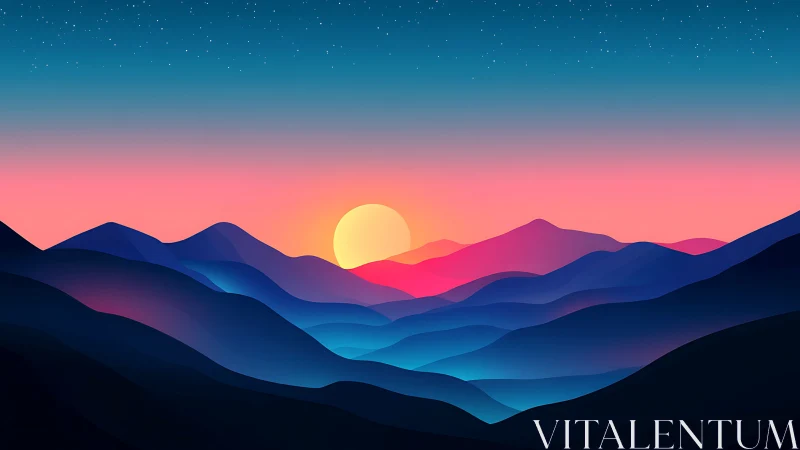 Vibrant gradient mountains under sunrise skyscape.