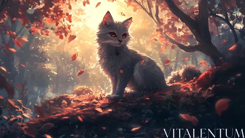 Mystical longhaired cat sitting in glowing autumn forest.