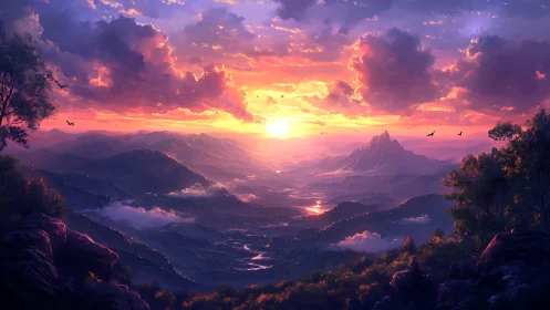 Sunrise pours painted fire across an endless misty valley